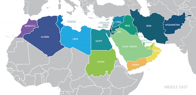 Mapa de cores do oriente médio com nomes de estados membros. Vetor Premium