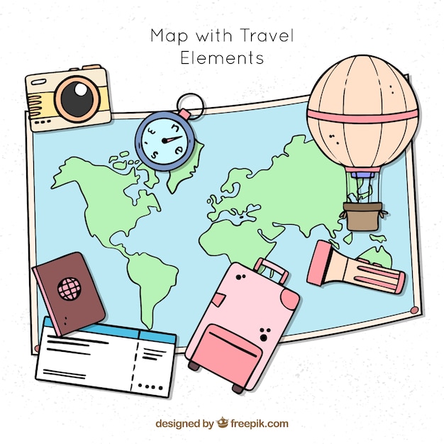 Mapa desenhado de mão com elementos de viagem Vetor Grátis