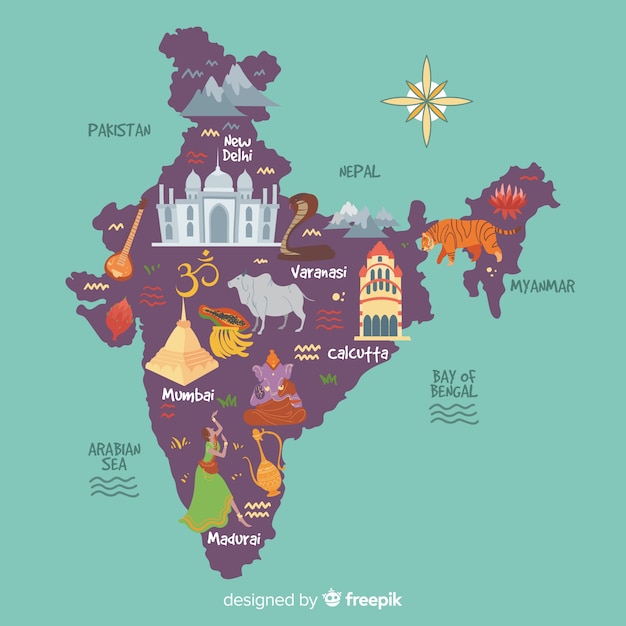 Mapa desenhado de mão da índia Vetor grátis