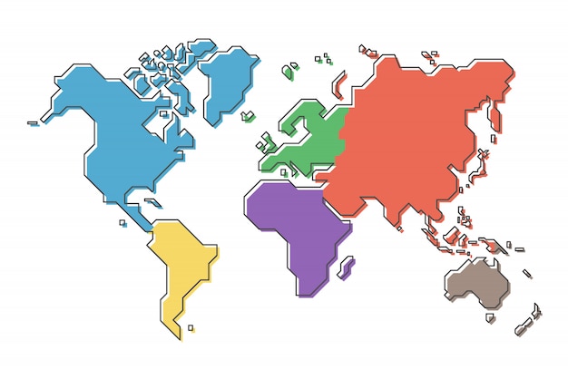 Mapa do mundo com continente multicolor e design de linha moderna simples dos desenhos animados Vetor Premium