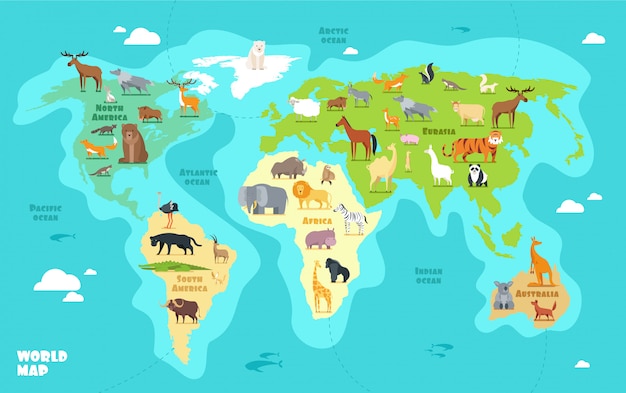 Mapa Do Mundo Dos Desenhos Animados Com Animais, Oceanos E Continentes ...