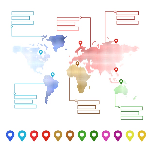 Mapa do mundo pontilhado com marcas de ponteiro e lugares de texto. conceito para o seu design. Vetor Premium