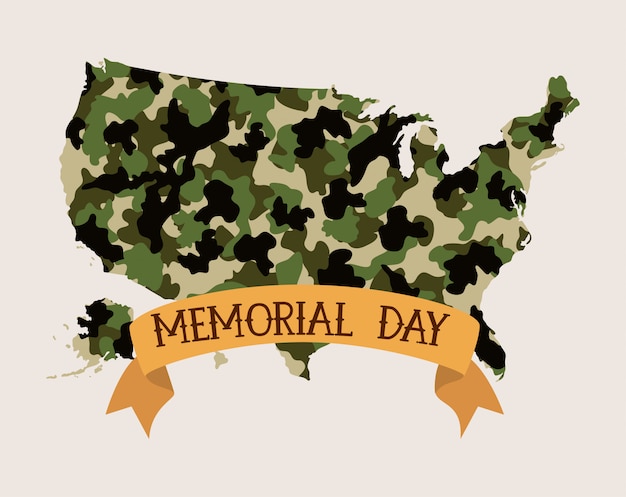 Mapa dos eua com camuflagem e fita do emblema do memorial day Vetor Premium
