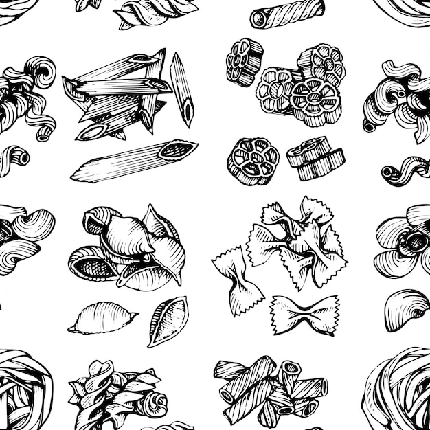 Massas italianas esboçar padrão sem emenda. mão-extraídas ilustração vetorial de macarrão. esboço padrão sem emenda de macarrão. Vetor Premium