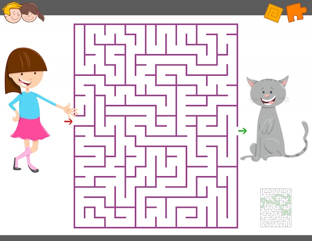 Maze activity game para crianças com menina e seu gato Vetor Premium