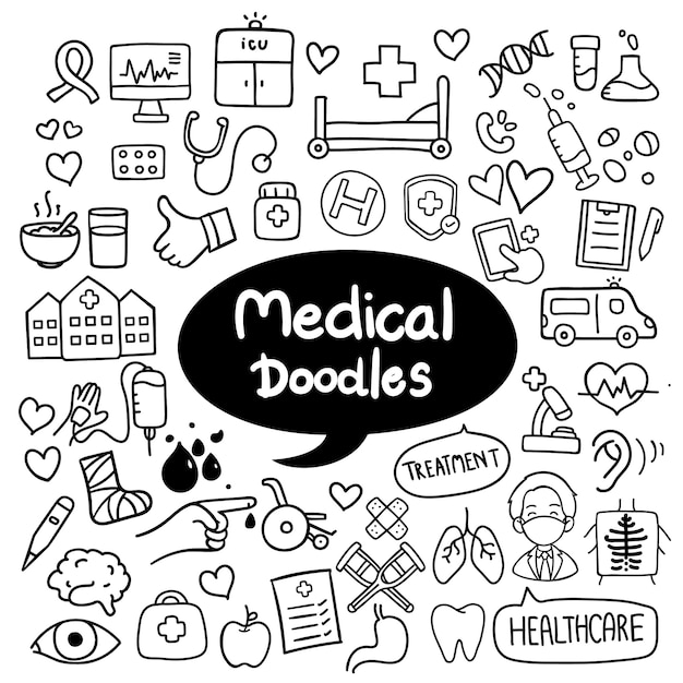 Medicina e saúde mão desenhada doodles vector Vetor Premium