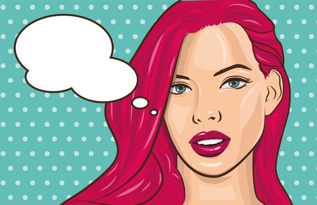 Menina cômica do cartaz da propaganda do vintage do pop art com bolha do discurso. menina bonita piscando para você vector illustration Vetor Premium