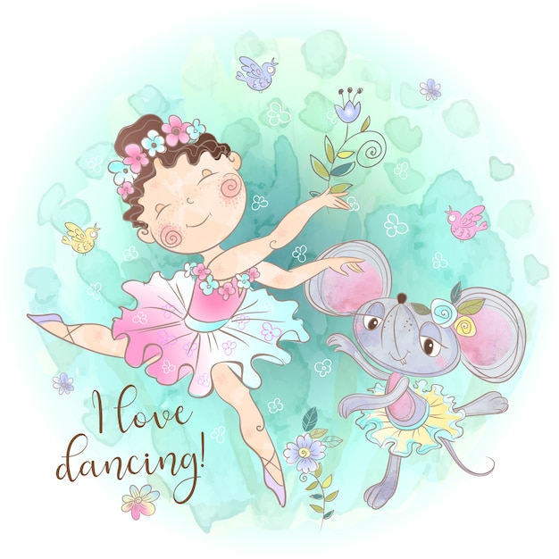 Menina da bailarina dançando com um rato de brinquedo. eu amo dançar. inscrição. Vetor Premium