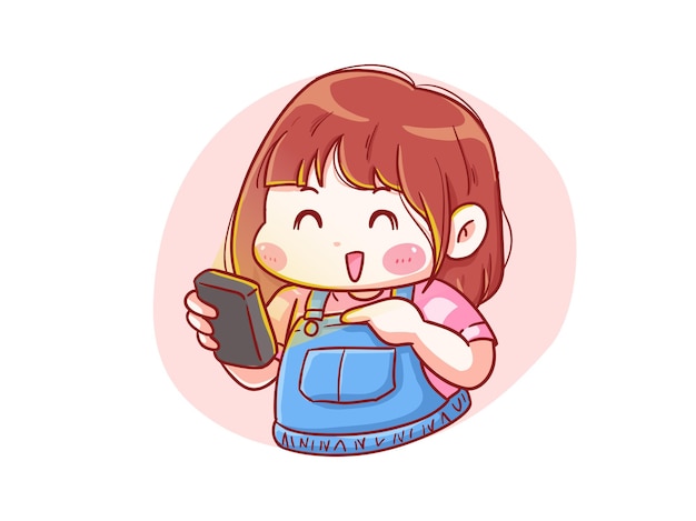 Menina Feliz Fofa E Kawaii Olha Para A Ilustracao Dela No Smartphone Manga Chibi Vetor Premium