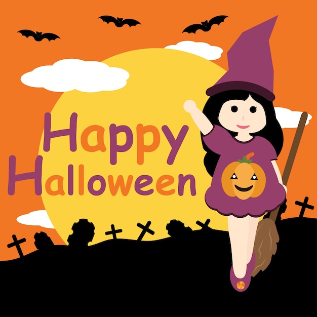 Menina linda como bruxa em desenhos animados de vetores de fundo grave e  noturno, cartão de halloween, papel de parede e cartão de saudação, design  de camisetas para crianças | Vetor Premium