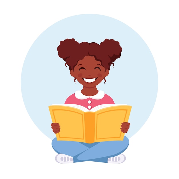 Menina negra lendo livro menina estudando um livro ilustração