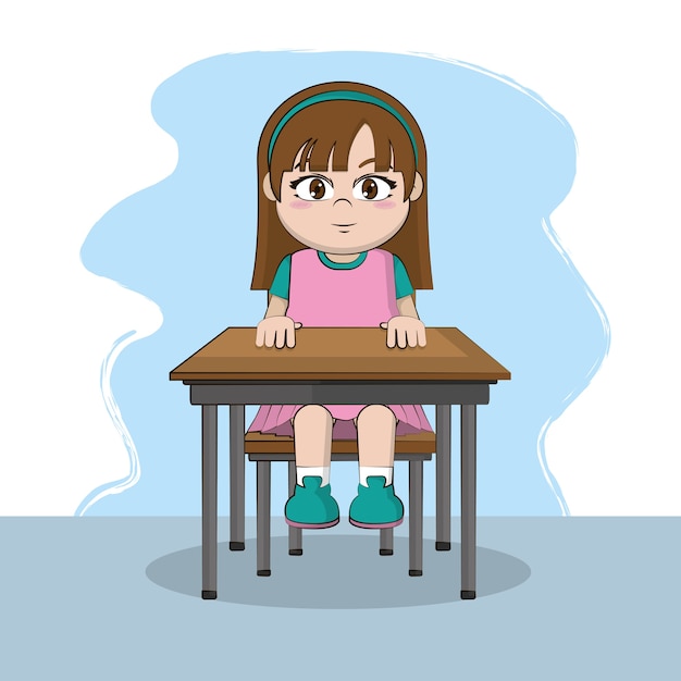 Menina sentada no design gráfico de ilustração de vetor de mesa dos desenhos animados Vetor