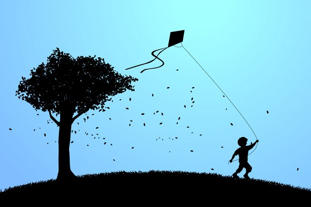 Menino correndo com pipa voando no céu com uma árvore grande. Vetor Premium