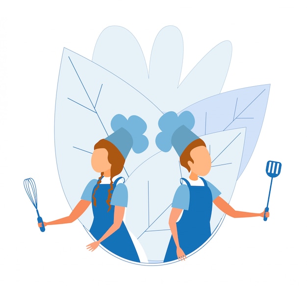 Menino menina, em, cozinheiro uniforme, ficar, com, utensílio Vetor Premium