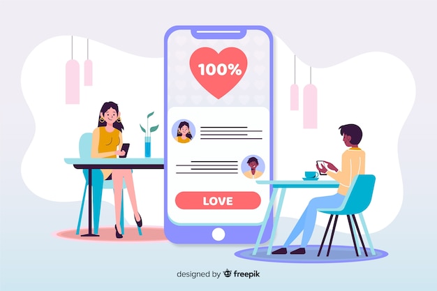 Menino menina, usando, datando, app, ilustrado Vetor grátis