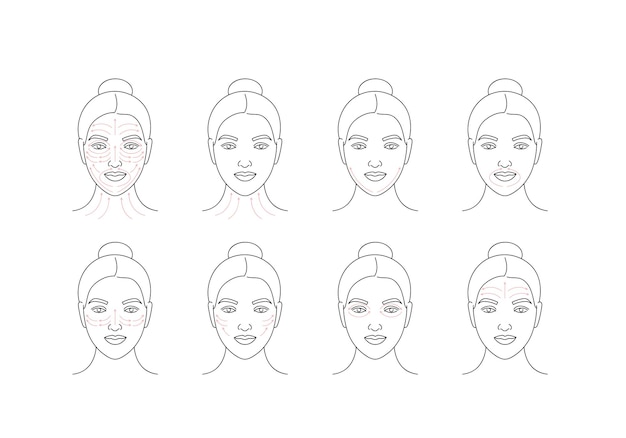 Método De Ilustração Vetorial Para Massagem Facial Rosto Feminino Com Linhas De Seta 