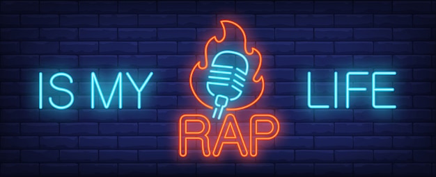 Meu sinal de néon de vida rap. tabuleta com inscrição e microfone em chamas. Vetor grátis