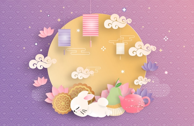 Mid autumn festival com estilo de corte de papel Vetor Premium
