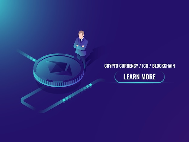 Mineração criptomoeda isométrica e conceito de compra, investimento em moeda criptografada Vetor grátis