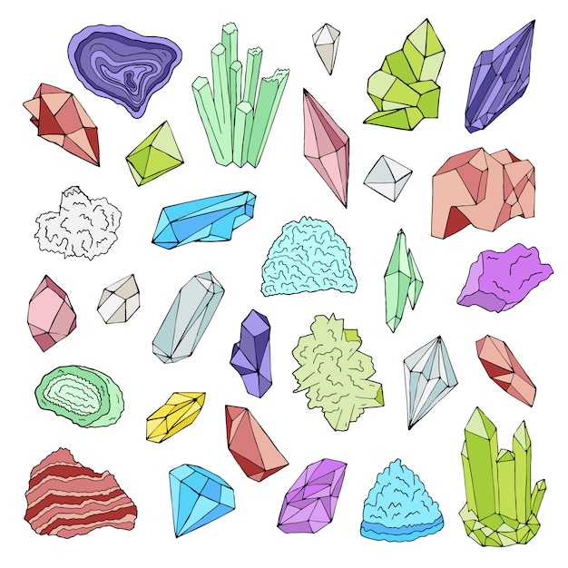 Minerais, cristais, gemas isolado conjunto de mão desenhada de
