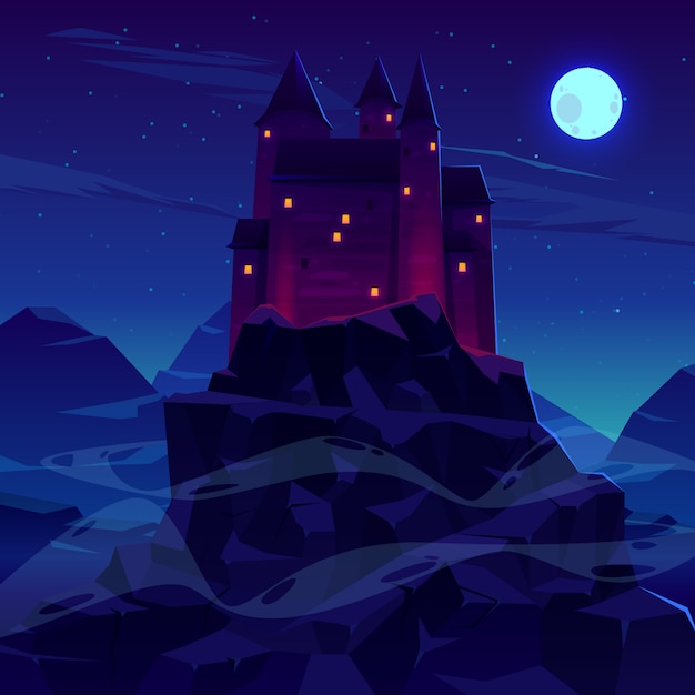 Misterioso castelo medieval com torres de torres de pedra Vetor grátis