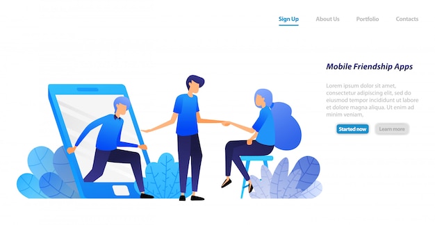 Modelo da web da página de destino. as pessoas saem do celular e convidam para conhecer. amizade, introdução e aplicação de matchmaking. Vetor Premium
