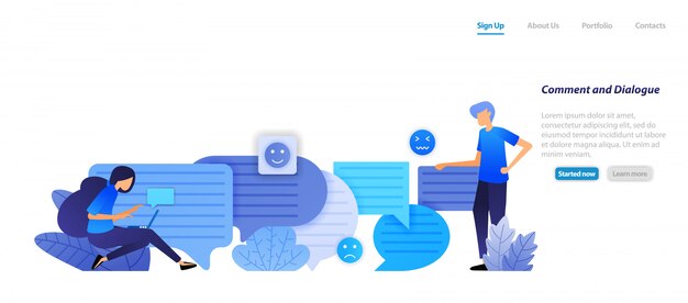 Modelo da web da página de destino. caixa de comentários e caixa de diálogo. as pessoas conversam umas com as outras com emoticons de bate-papo de bolha para fala e comunicação. Vetor Premium