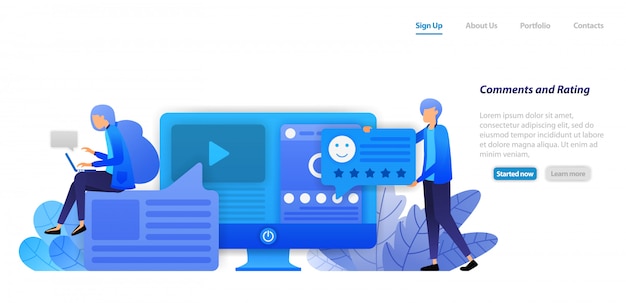 Modelo da web da página de destino. forneça comentários, classificações, curtidas e comentários para vídeos e status do conteúdo de influenciadores de mídia social. Vetor Premium