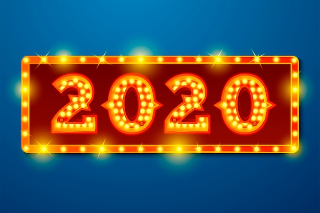 Modelo de banner de ano novo com números de lâmpada brilhante 2020 sobre fundo azul tabuleta Vetor Premium