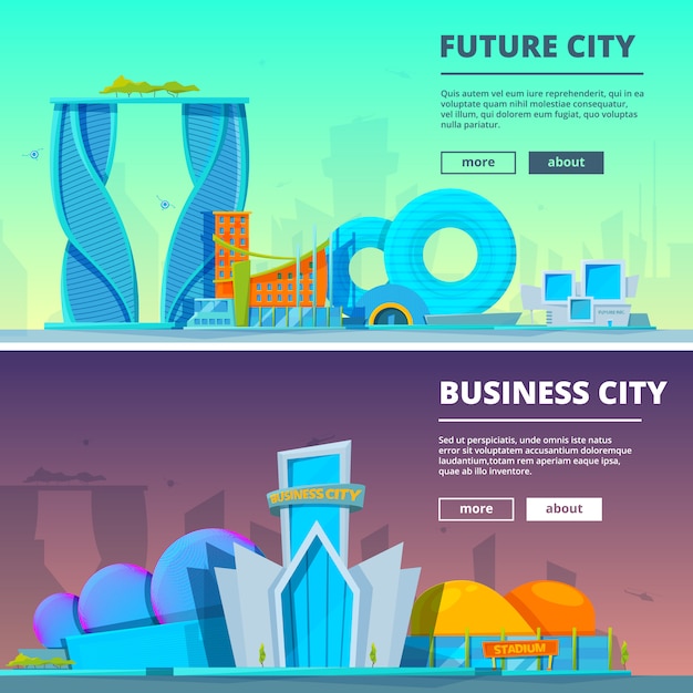 Modelo de banner de edifícios futuristas. ilustrações vetoriais de edifícios em estilo cartoon Vetor Premium