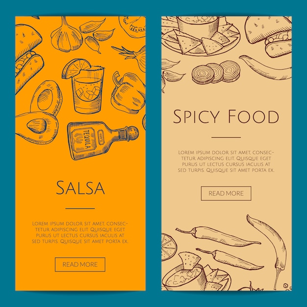 Modelo de banner ou panfleto web com elementos de comida mexicana esboçado Vetor Premium
