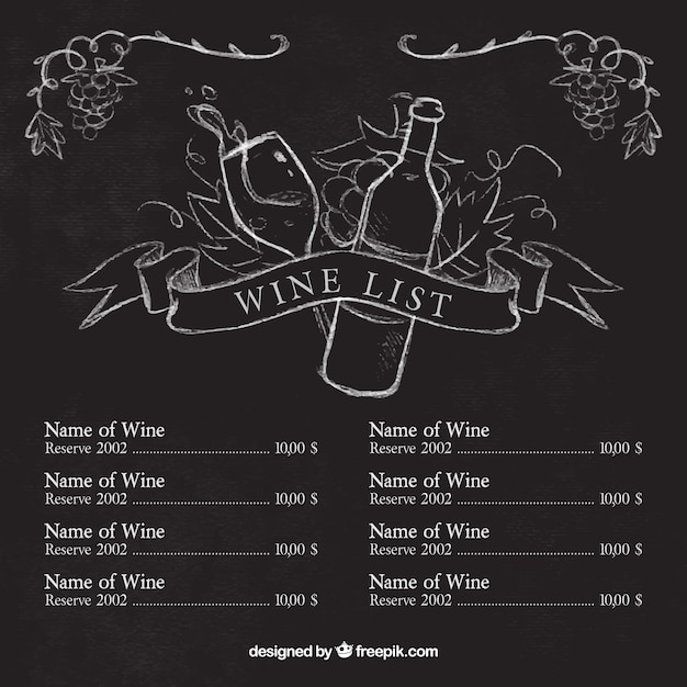 Modelo de carta de vinhos com desenhos no quadro-negro 