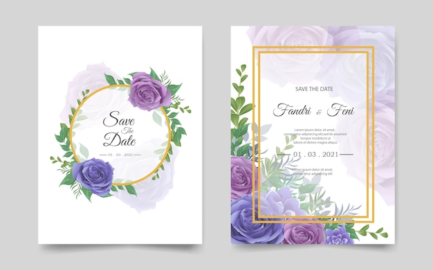 Modelo de cartão de convite de casamento com flores azuis e roxas Vetor Premium
