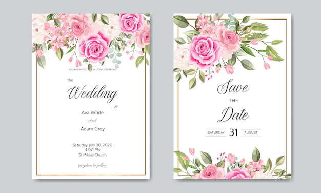 Modelo de cartão de convite de casamento conjunto com lindas folhas florais Vetor Premium