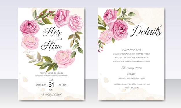 Modelo de cartão de convite de casamento lindo guirlanda floral Vetor Premium