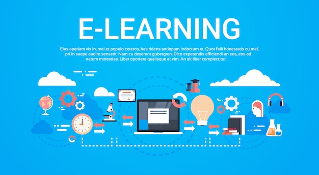 Modelo de conceito de aprendizagem à distância global de educação on-line de e-learning Vetor Premium