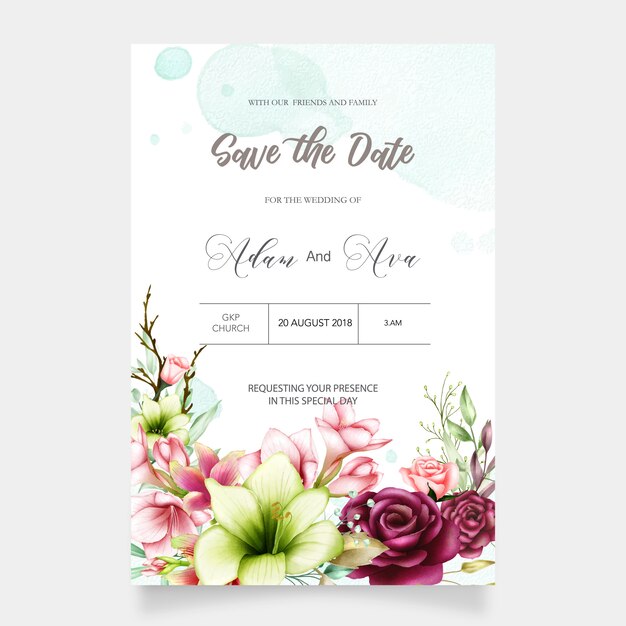 Modelo de convite de casamento com amaryllis aquarela e flores rosas Vetor Premium