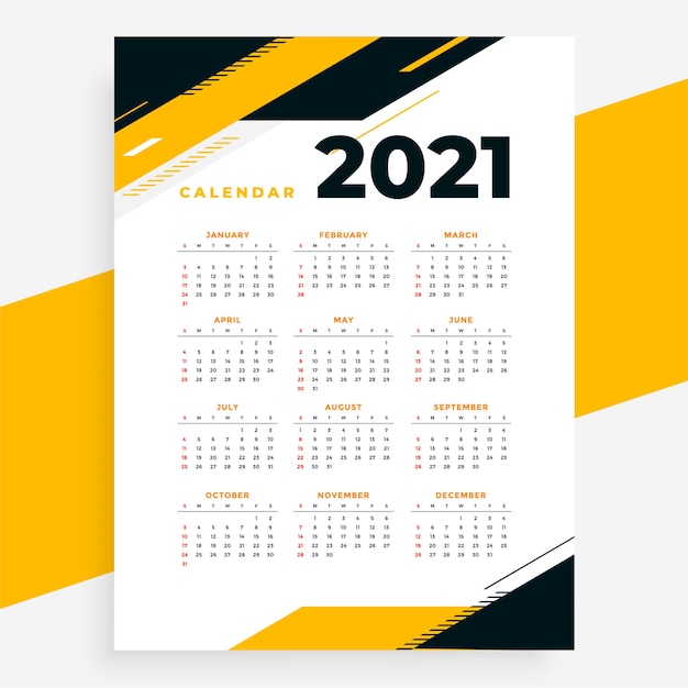 Modelo de design de calendário profissional amarelo 2021 de estilo