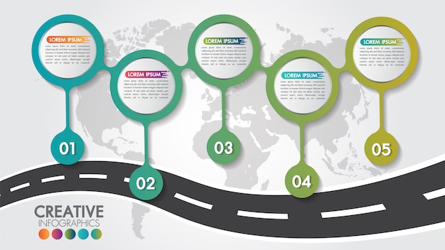 Modelo de design do negócio infográfico navegação mapa estrada com 5 etapas ou opções e 5 números Vetor Premium