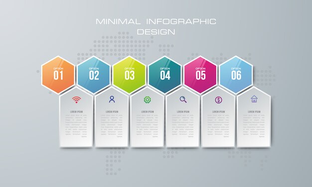 Modelo de infográfico com 6 opções, fluxo de trabalho, gráfico de processo, design de infográficos de cronograma Vetor Premium