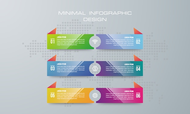 Modelo de infográfico com 6 opções, fluxo de trabalho, gráfico de processo, design de infográficos de cronograma Vetor Premium