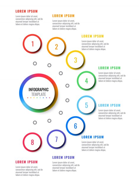 Modelo de infográfico de layout vertical de oito etapas com elementos realistas 3d redondos. Vetor Premium