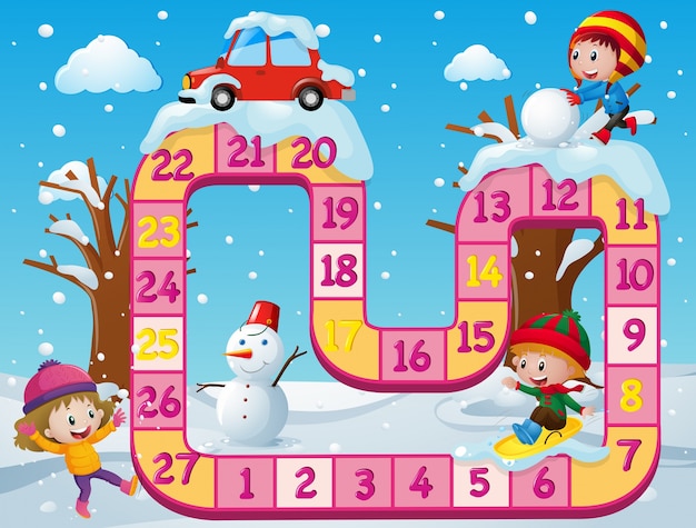 Modelo de jogo de tabuleiro com as crianças na neve Vetor grátis