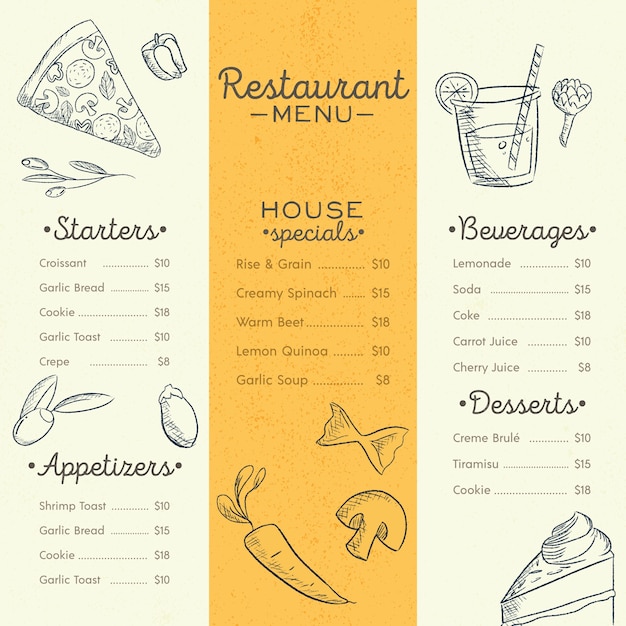 Modelo de menu de restaurante com pratos diferentes Vetor grátis