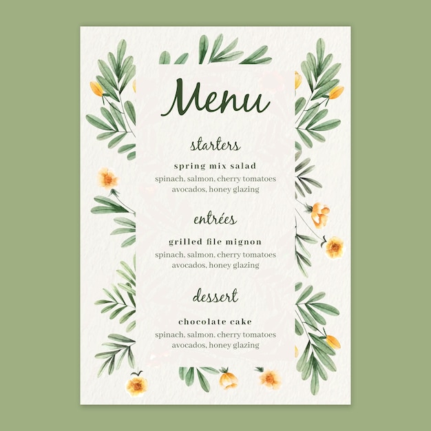 Modelo De Menu Para Casamento Com Flores Em Aquarela | Vetor Grátis