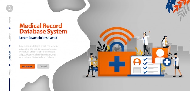 Modelo de página de aterrissagem com sistema de banco de dados do registro médico, internet wi-fi para ajudar a registrar o conceito de ilustração do vetor de história de doença do paciente Vetor Premium