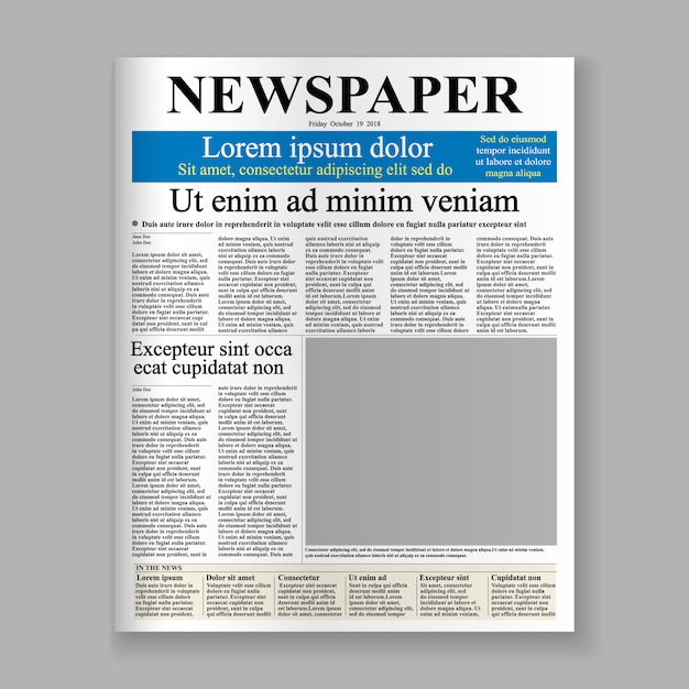 Modelo de primeira página de jornal realista. Vetor Premium