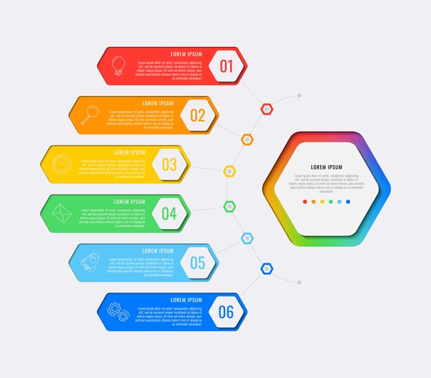 Modelo simples de infográfico de layout de design de seis etapas com elementos hexagonais. Vetor Premium