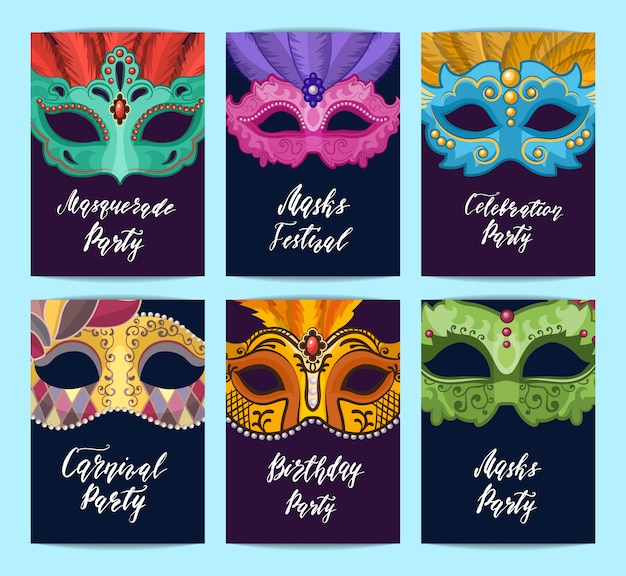 Modelos de cartão ou panfleto conjunto com máscaras de carnaval com lugar para texto Vetor Premium