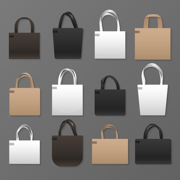 Modelos vazios do saco de compras da lona do branco, os pretos e os marrons. maquete de bolsas. mala de modelo de algodão ecológico com alça Vetor Premium